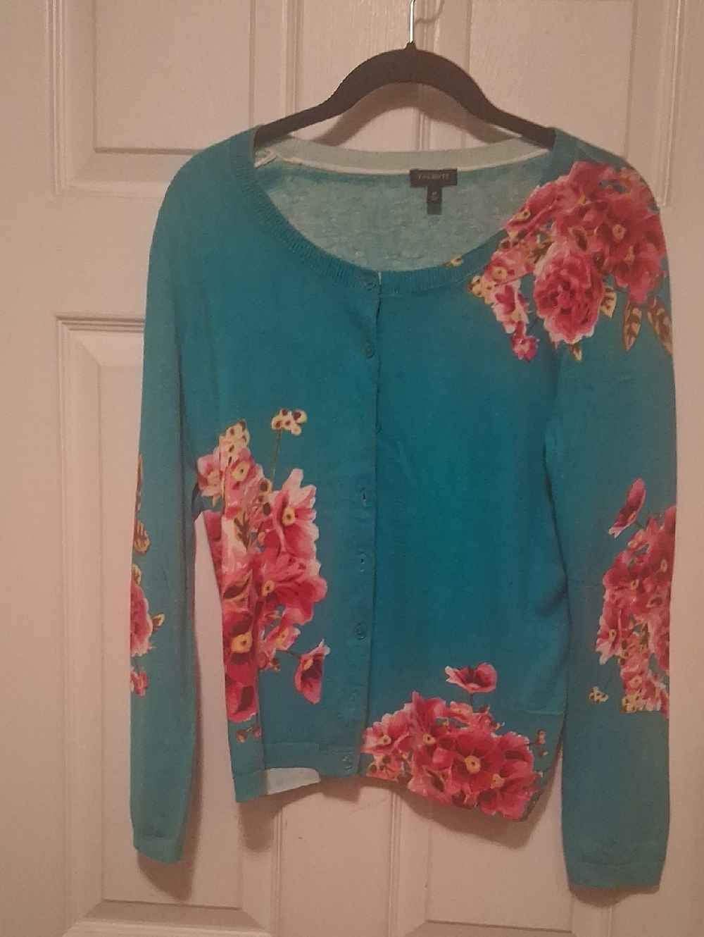 Talbots Fuchsia Floral Teal Cardigan Sweater M